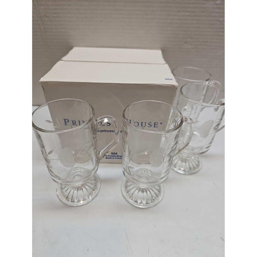 Princess House Heritage Irish Coffee Mugs Footed Crystal Glass Etched Set of 4
